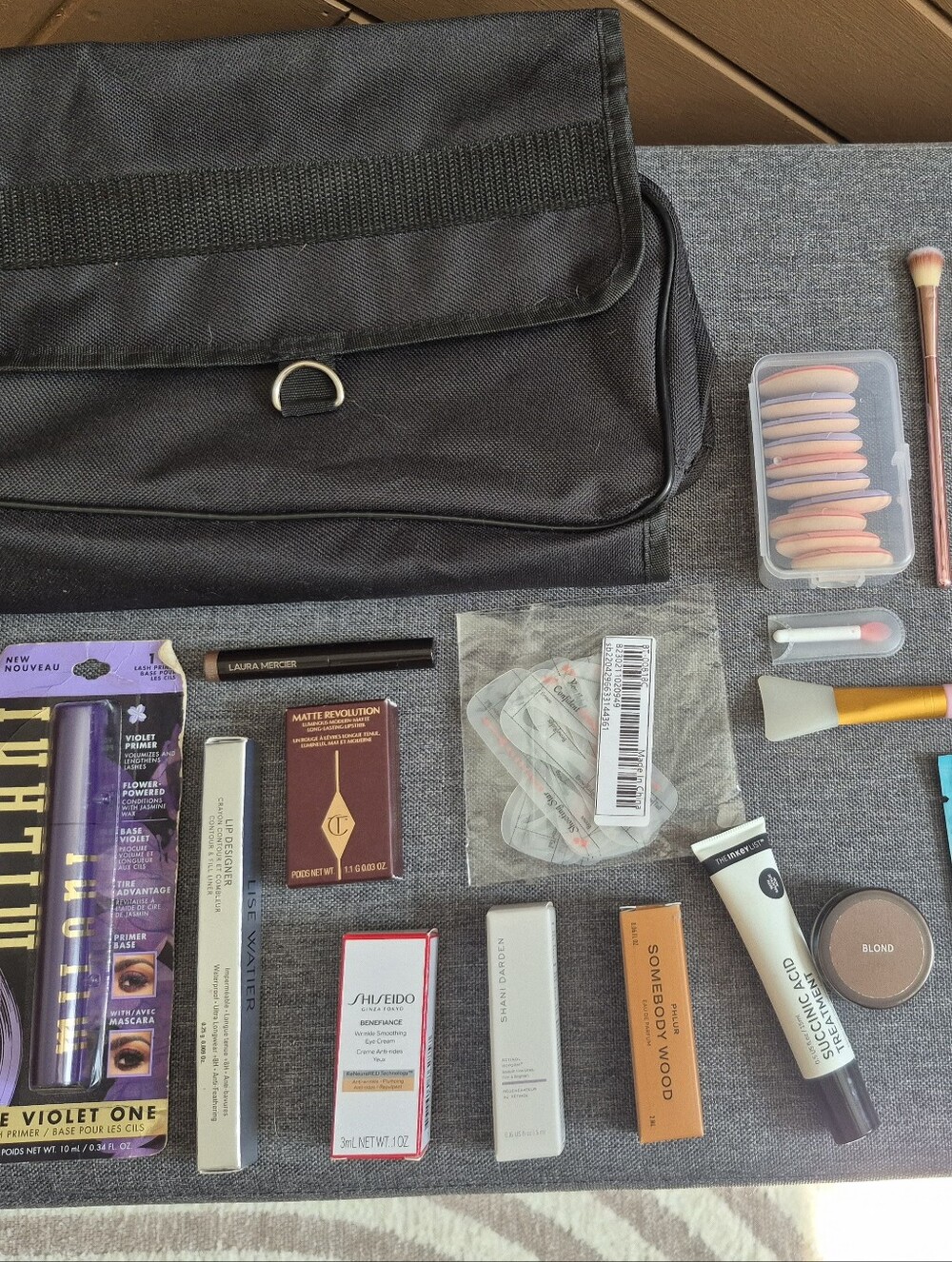 Black Travel Makeup Bag with Pink and Rose Gold Brush Set
